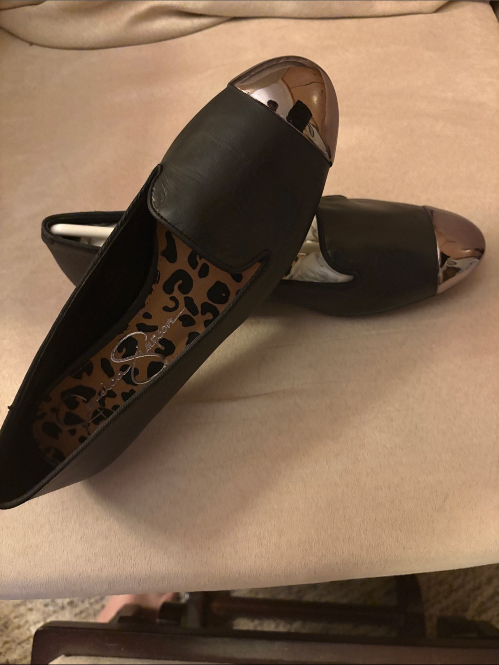 Jessica Simpson Black Slip-On Loafers with Metallic Rose Gold Cap Toe